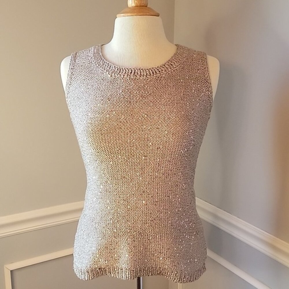 CHICO'S Taupe Gold Metallic Sequin Sparkle Sleeveless Holiday Party Glam Sweater
